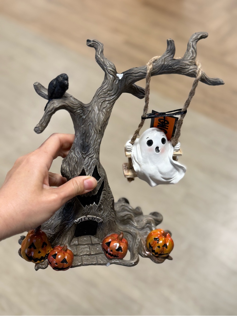 Halloween Ghost on Swing Tree Figurine with Pumpkins